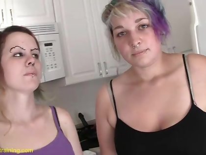 Foxy lesbian babes with piss drinking fetish fucking hardcore in the kitchen